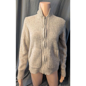 J Crew Cardigan Woman's Medium Lambs Wool Blend Full Zip Chunky Tan Classic